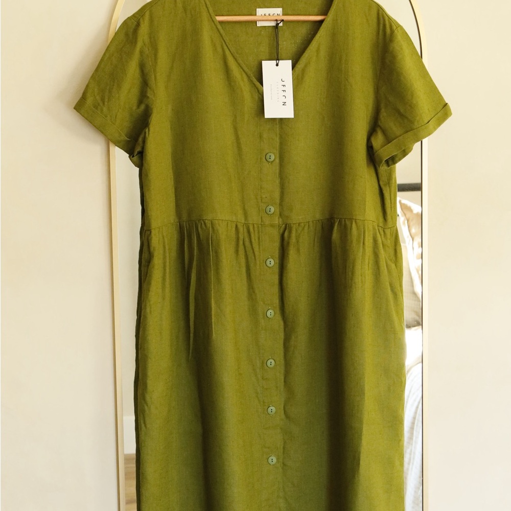 Olive Linen Midi Dress